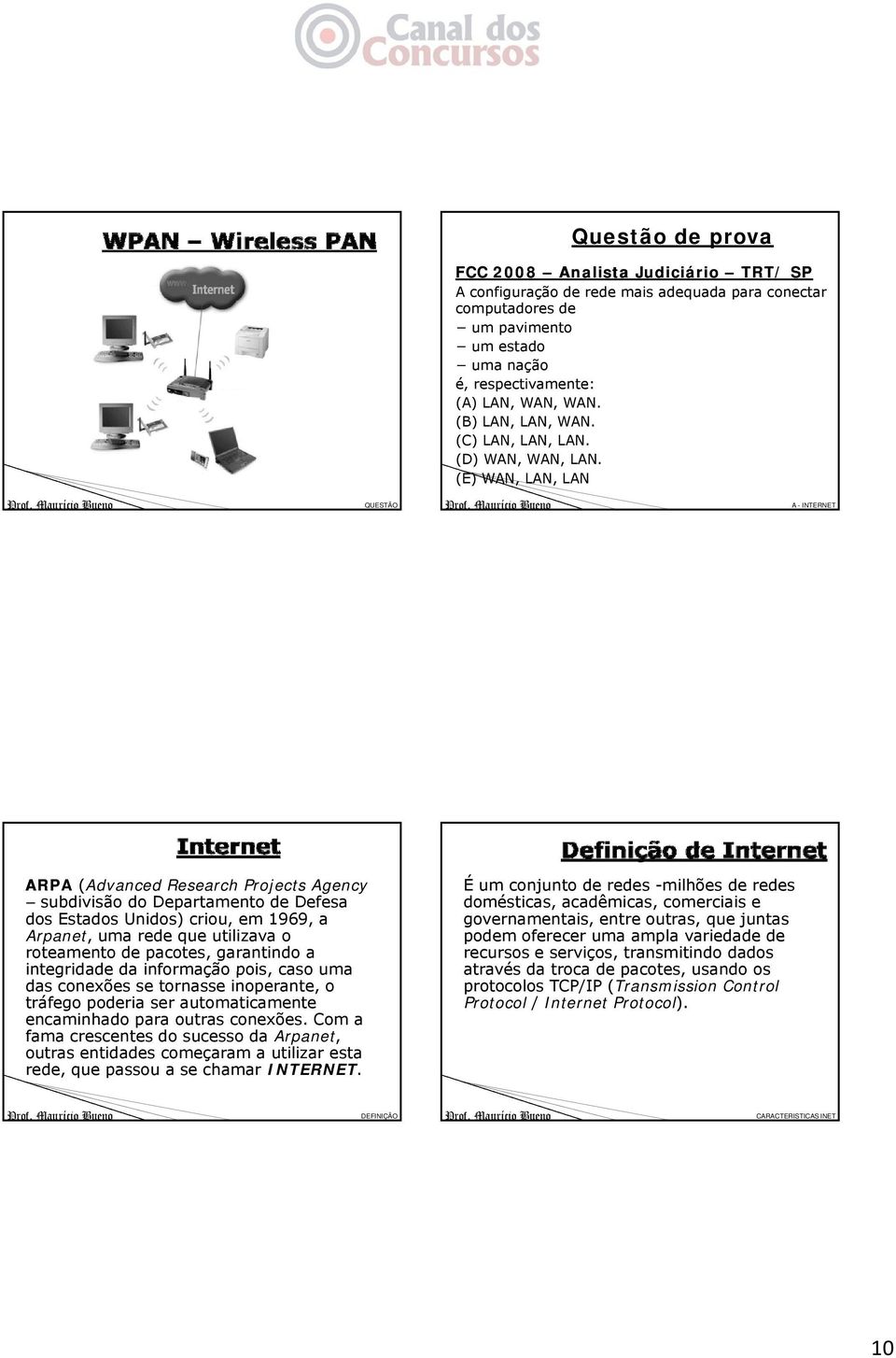 (E) WAN, LAN, LAN QUESTÃO A - INTERNET ARPA (Advanced Research Projects Agency subdivisão do Departamento de Defesa dos Estados Unidos) criou, em 1969, a Arpanet, uma rede que utilizava o roteamento