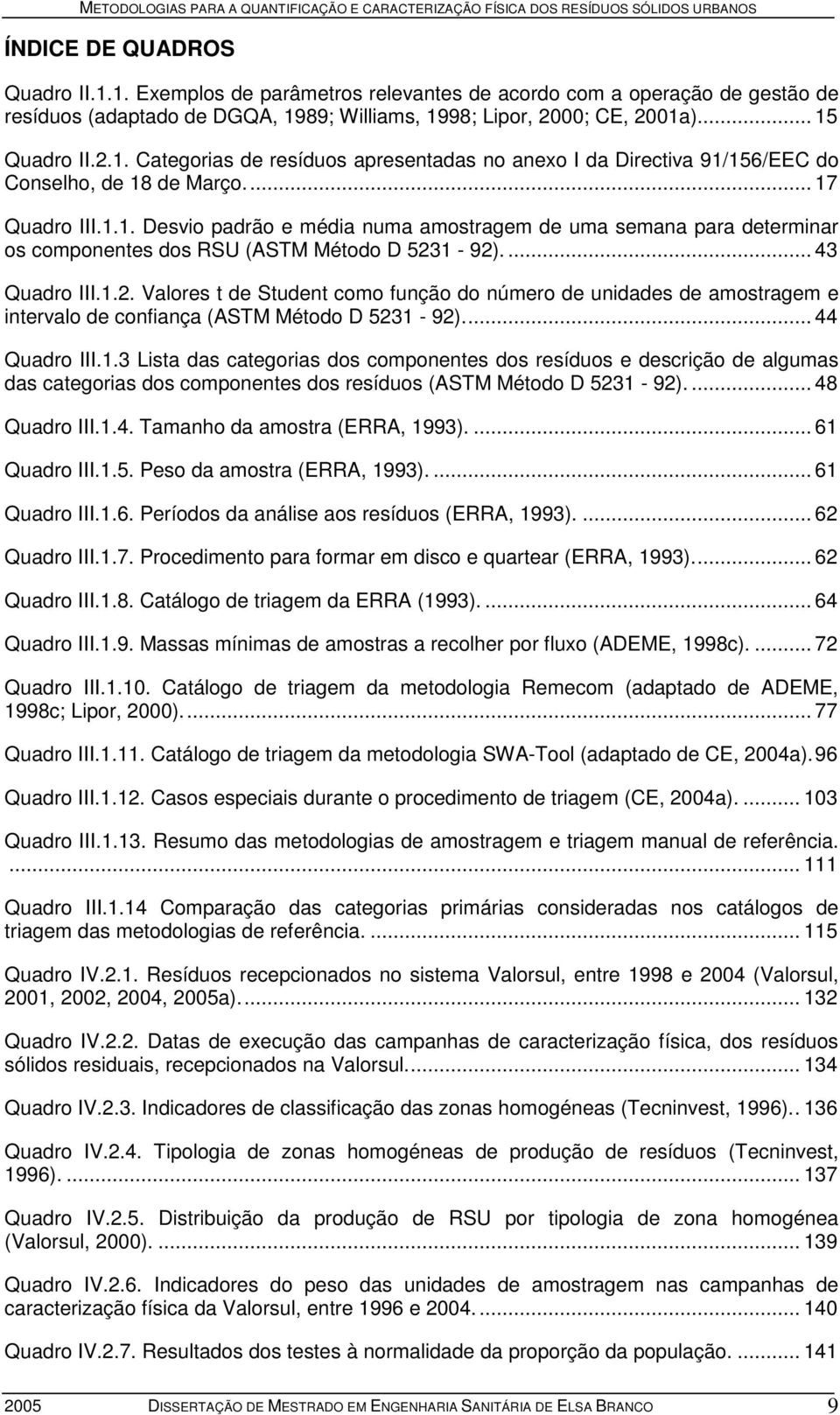 1-92).... 43 Quadro III.1.2. Valores t de Student como função do número de unidades de amostragem e intervalo de confiança (ASTM Método D 5231-92)... 44 Quadro III.1.3 Lista das categorias dos componentes dos resíduos e descrição de algumas das categorias dos componentes dos resíduos (ASTM Método D 5231-92).