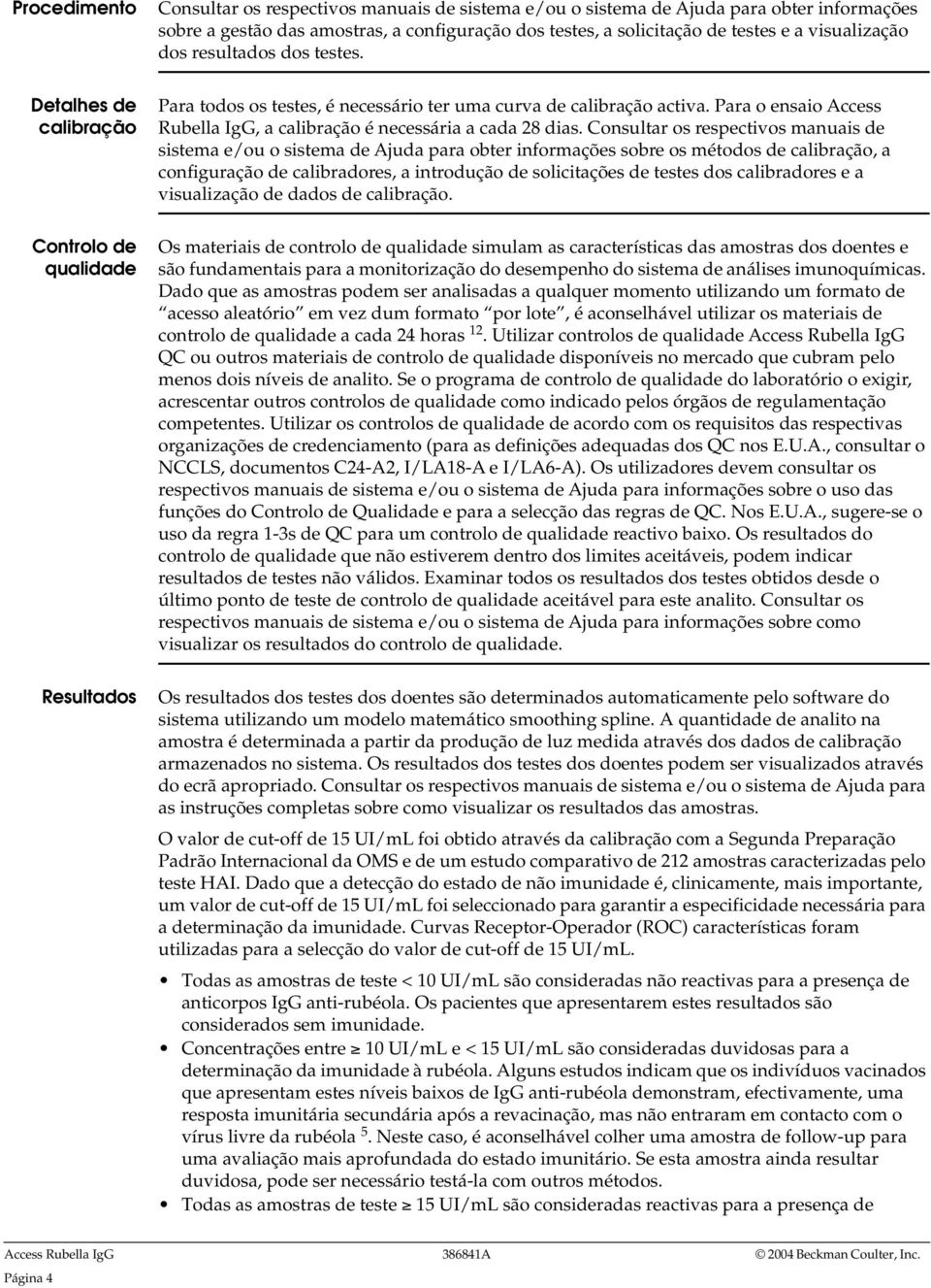 Para o ensaio Access Rubella IgG, a calibração é necessária a cada 28 dias.