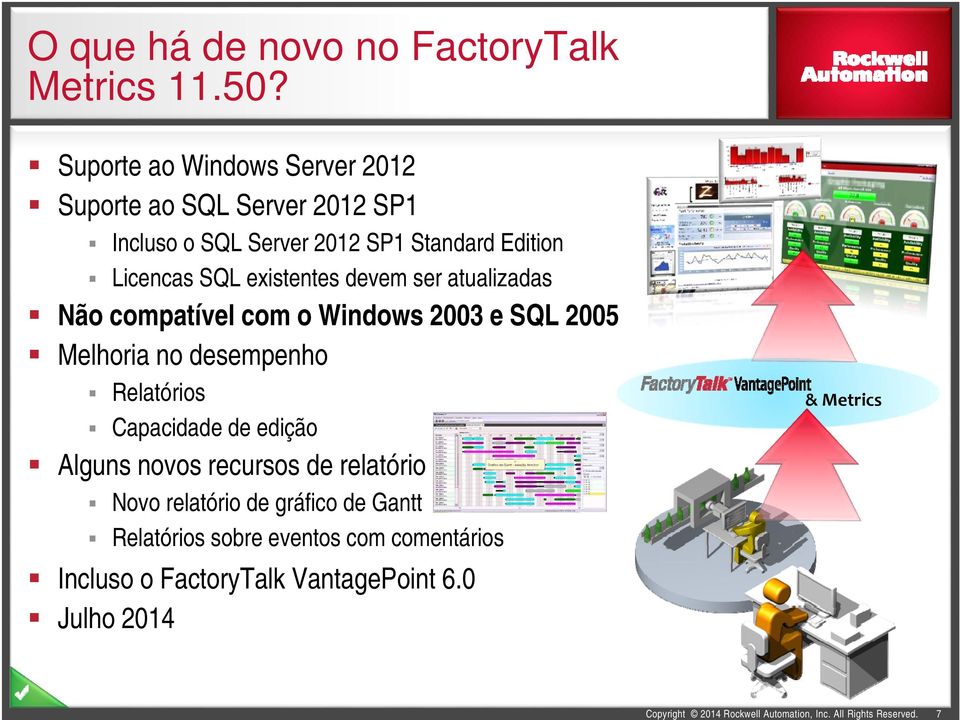 SQL existentes devem ser atualizadas Não compatível com o Windows 2003 e SQL 2005 Melhoria no desempenho Relatórios