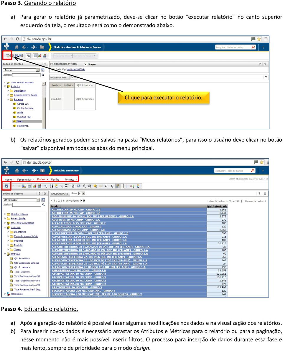 Passo 4. Editando o relatório. a) Após a geração do relatório é possível fazer algumas modificações nos dados e na visualização dos relatórios.