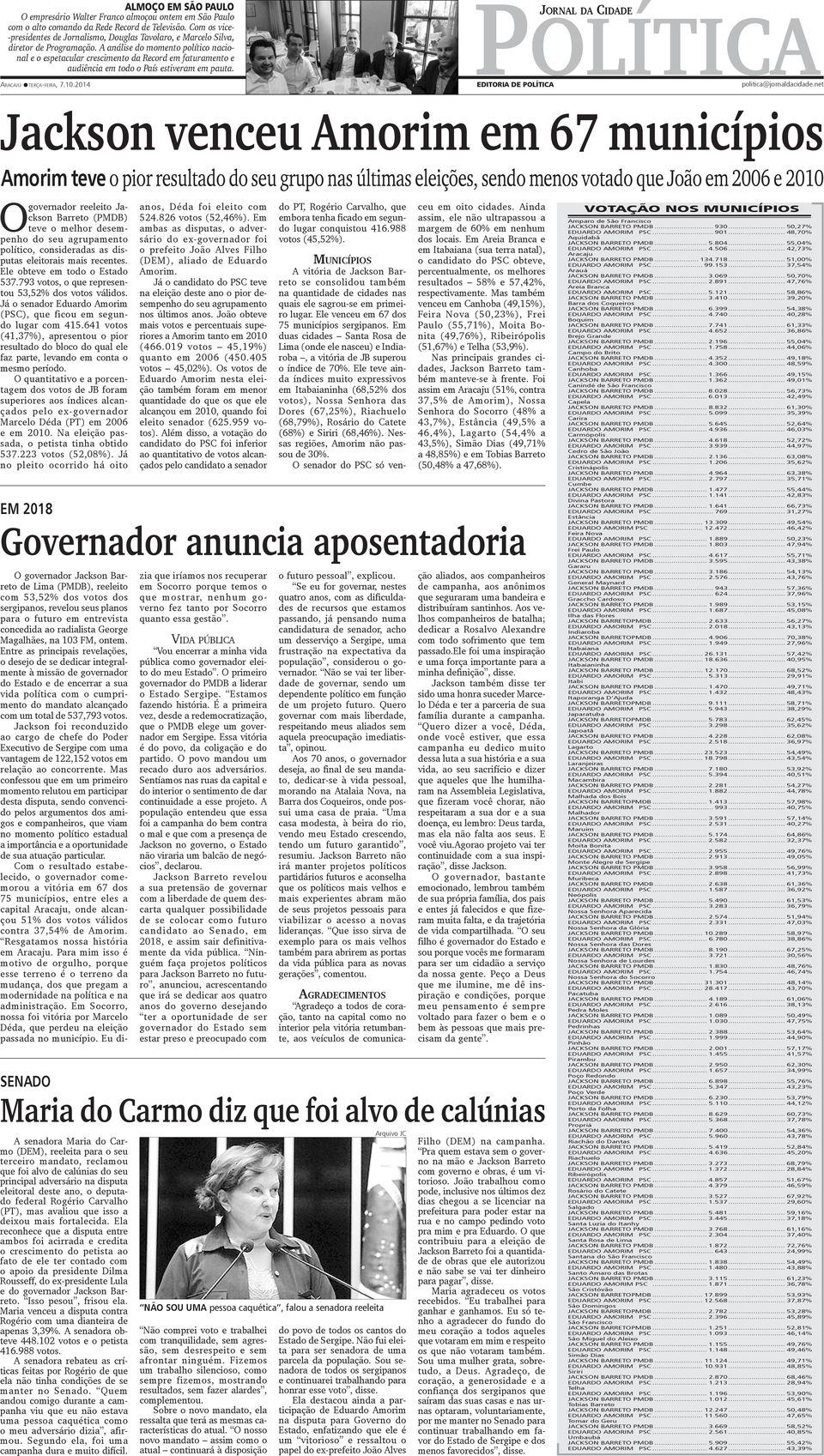 A análise do momento político nacional e o espetacular crescimento da Record em faturamento e audiência em todo o País estiveram em pauta. Política Aracaju terça-feira, 7.10.