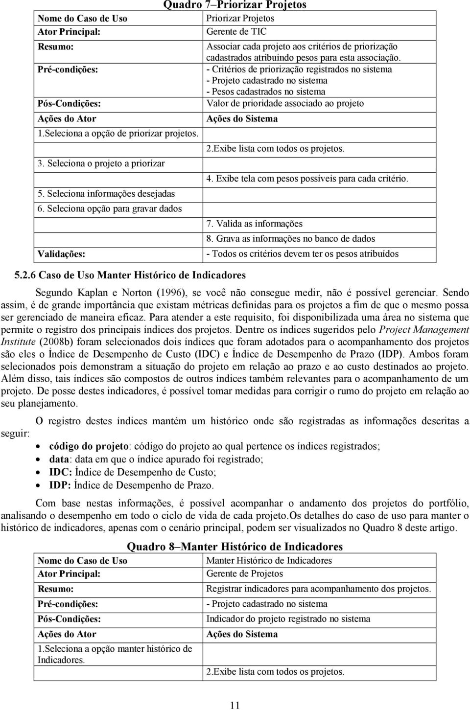 Seleciona opção para gravar dados Validações: Quadro 7 Priorizar Projetos Priorizar Projetos Gerente de TIC Associar cada projeto aos critérios de priorização cadastrados atribuindo pesos para esta