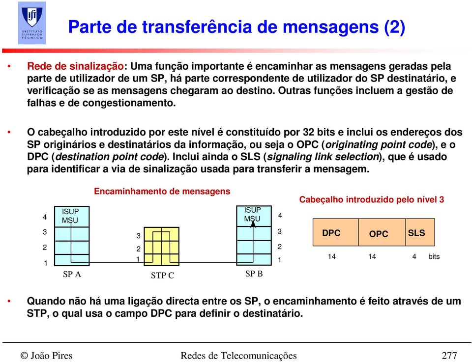 O cabeçalho introduzido por este nível é constituído por 32 bits e inclui os endereços dos SP originários e destinatários da informação, ou seja o OPC (originating point code), e o DPC (destination