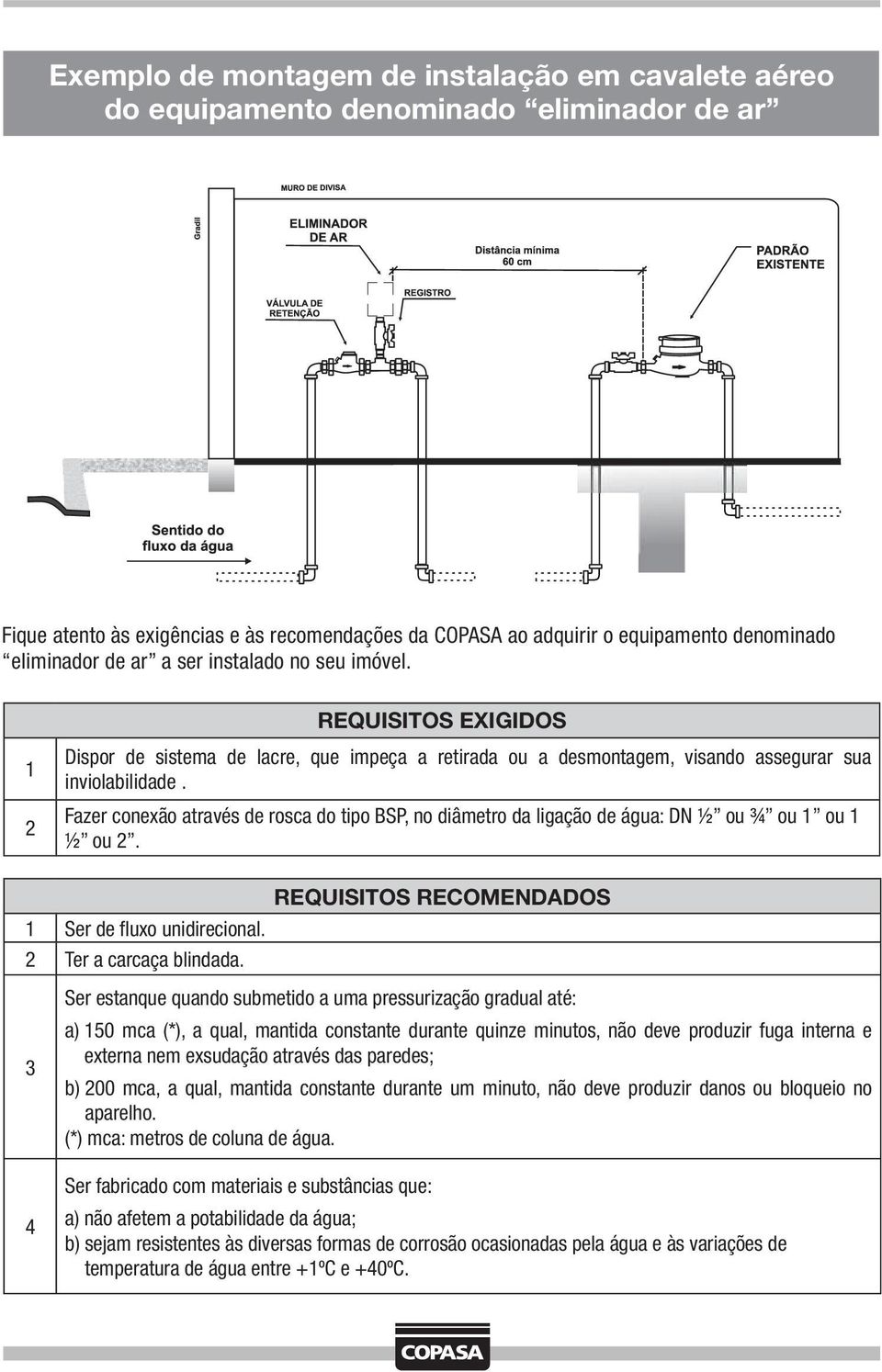 Fazer conexão através de rosca do tipo BSP, no diâmetro da ligação de água: DN ½ ou ¾ ou 1 ou 1 ½ ou 2. REQUISITOS RECOMENDADOS 1 Ser de fluxo unidirecional. 2 Ter a carcaça blindada.