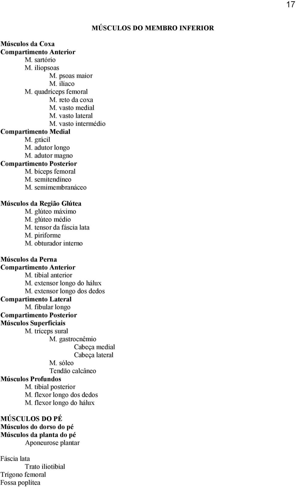 glúteo máximo M. glúteo médio M. tensor da fáscia lata M. piriforme M. obturador interno Músculos da Perna Compartimento Anterior M. tibial anterior M. extensor longo do hálux M.