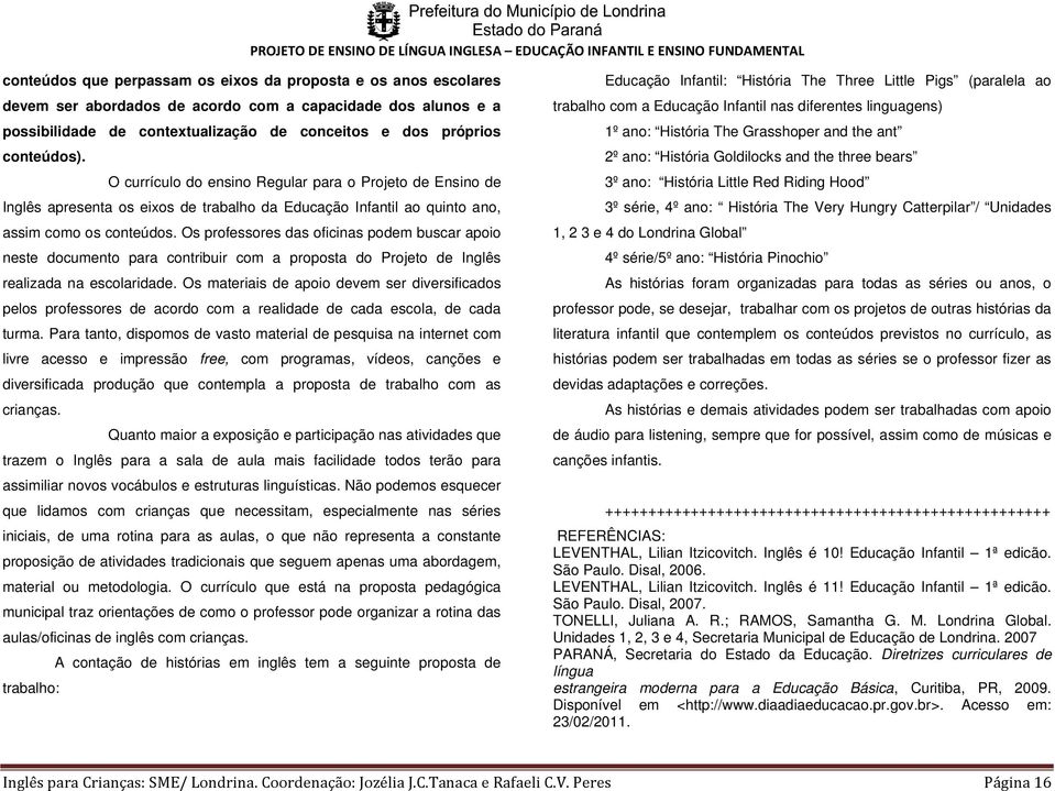 Os professores das oficinas podem buscar apoio neste documento para contribuir com a proposta do Projeto de Inglês realizada na escolaridade.