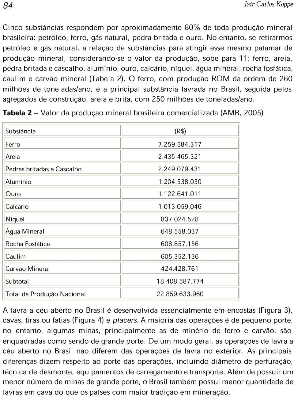 britada e cascalho, alumínio, ouro, calcário, níquel, água mineral, rocha fosfática, caulim e carvão mineral (Tabela 2).