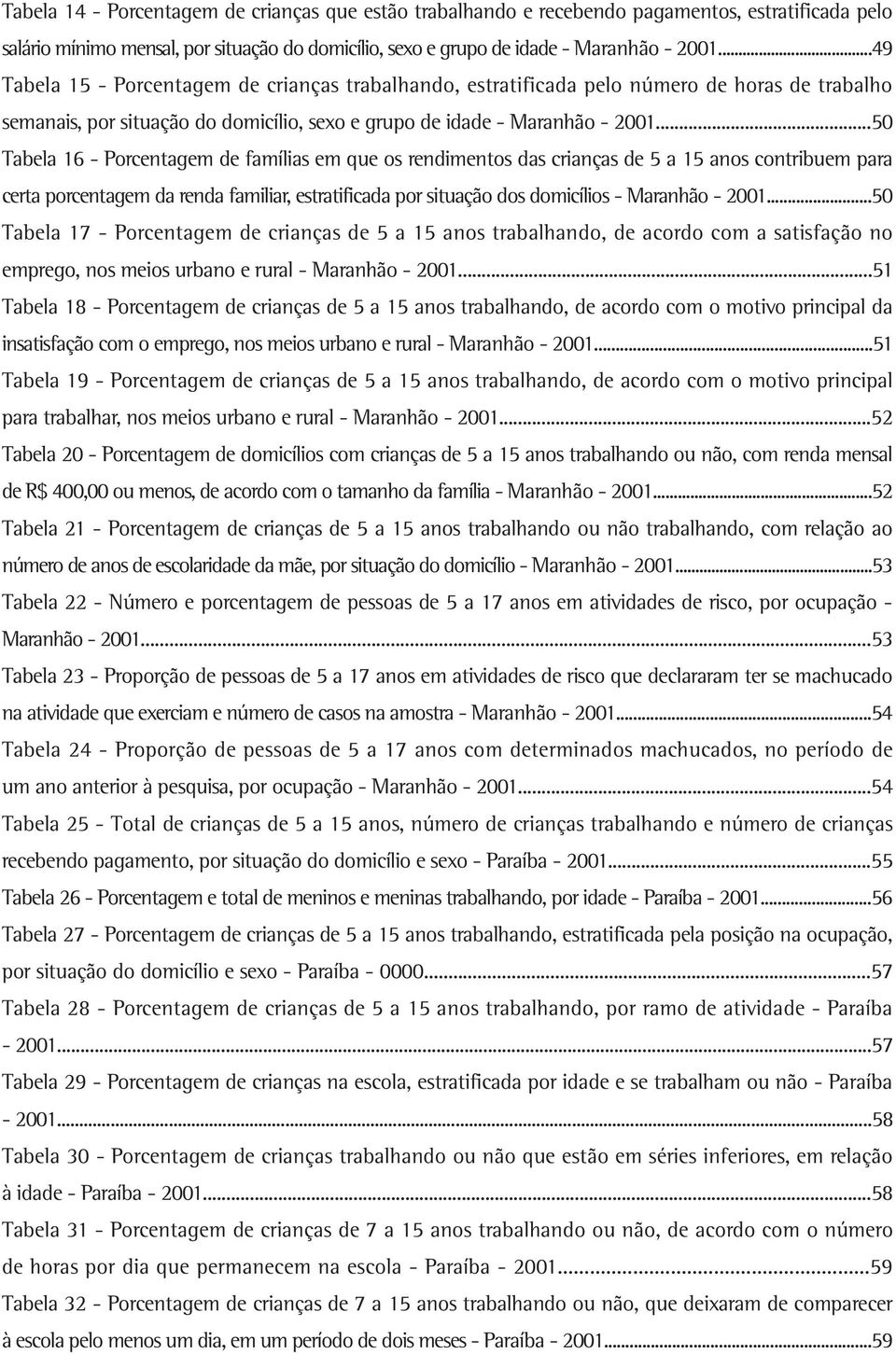 ..50 Tabela 16 Porcentagem de famílias em que os rendimentos das crianças de 5 a 15 anos contribuem para certa porcentagem da renda familiar, estratificada por situação dos domicílios Maranhão 2001.