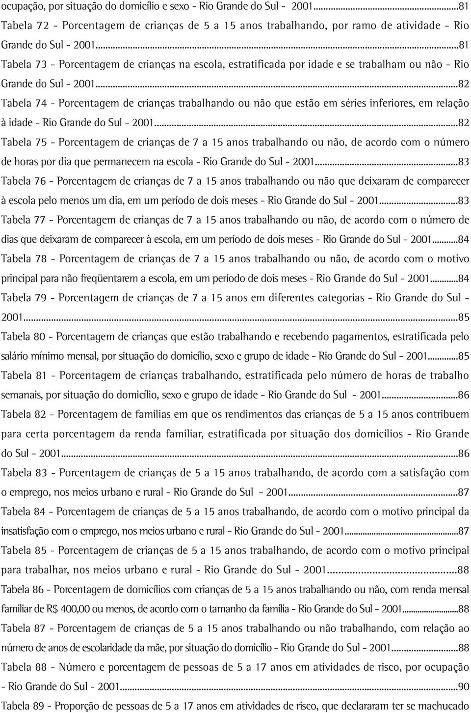 ..82 Tabela 74 Porcentagem de crianças trabalhando ou não que estão em séries inferiores, em relação à idade Rio Grande do Sul 2001.