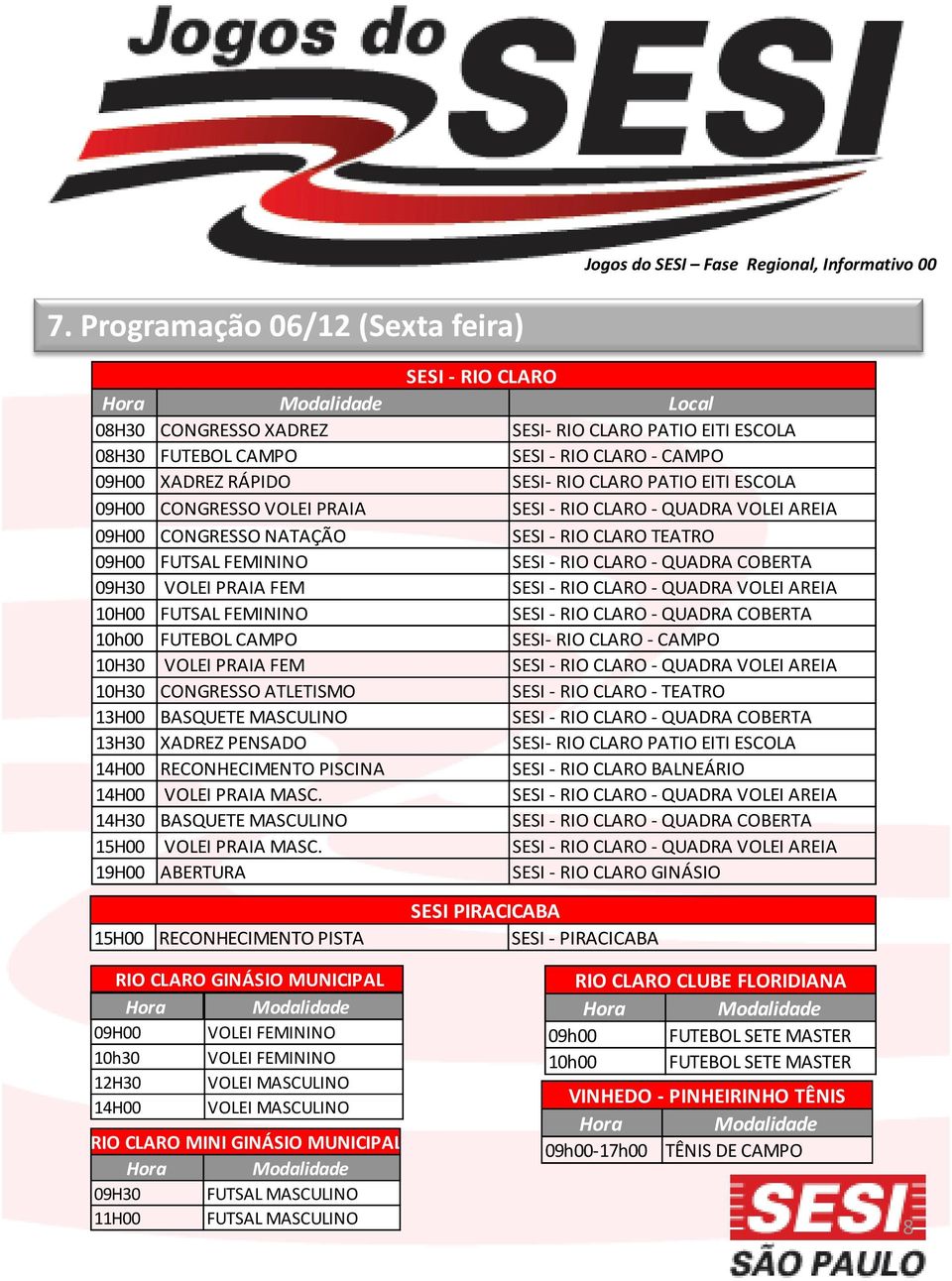 PRAIA FEM SESI - RIO CLARO - QUADRA VOLEI AREIA 10H00 FUTSAL FEMININO SESI - RIO CLARO - QUADRA COBERTA 10h00 FUTEBOL CAMPO SESI- RIO CLARO - CAMPO 10H30 VOLEI PRAIA FEM SESI - RIO CLARO - QUADRA