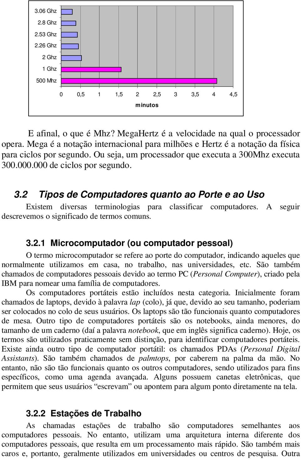 0Mhz executa 300.000.000 de ciclos por segundo. 3.2 Tipos de Computadores quanto ao Porte e ao Uso Existem diversas terminologias para classificar computadores.