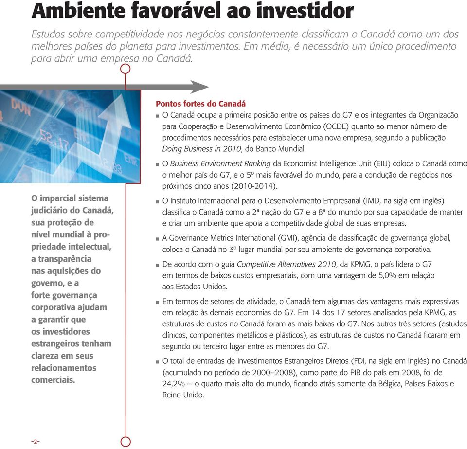 Pontos fortes do Canadá O Canadá ocupa a primeira posição entre os países do G7 e os integrantes da Organização para Cooperação e Desenvolvimento Econômico (OCDE) quanto ao menor número de