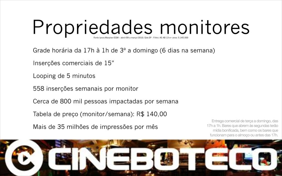 monitor Cerca de 800 mil pessoas impactadas por semana Tabela de preço (monitor/semana): R$ 140,00 Mais de 35 milhões de impressões por mês