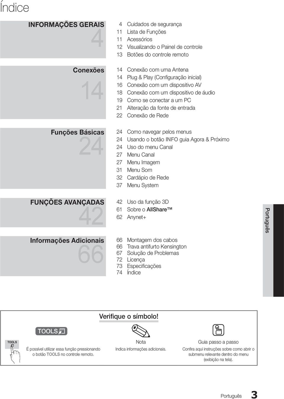 24 Como navegar pelos menus 24 Usando o botão INFO guia Agora & Próximo 24 Uso do menu Canal 27 Menu Canal 27 Menu Imagem 31 Menu Som 32 Cardápio de Rede 37 Menu System FUNÇÕES AVANÇADAS 42 42 Uso da