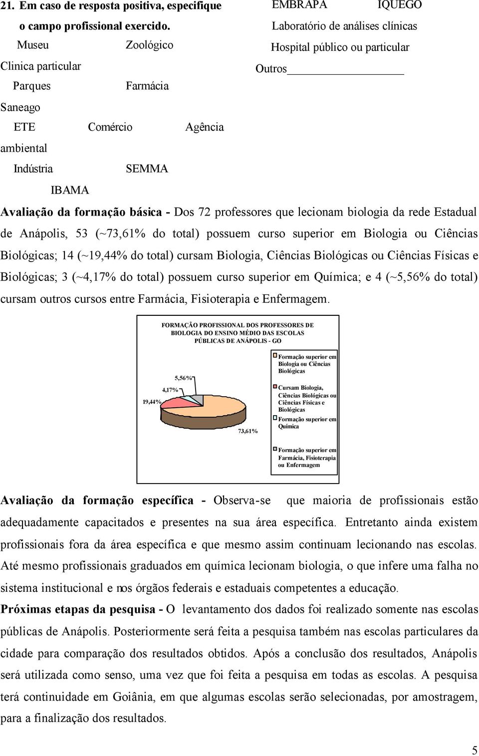 formação básica - Dos 72 professores que lecionam biologia da rede Estadual de Anápolis, 53 (~73,61% do total) possuem curso superior em Biologia ou Ciências Biológicas; 14 (~19,44% do total) cursam