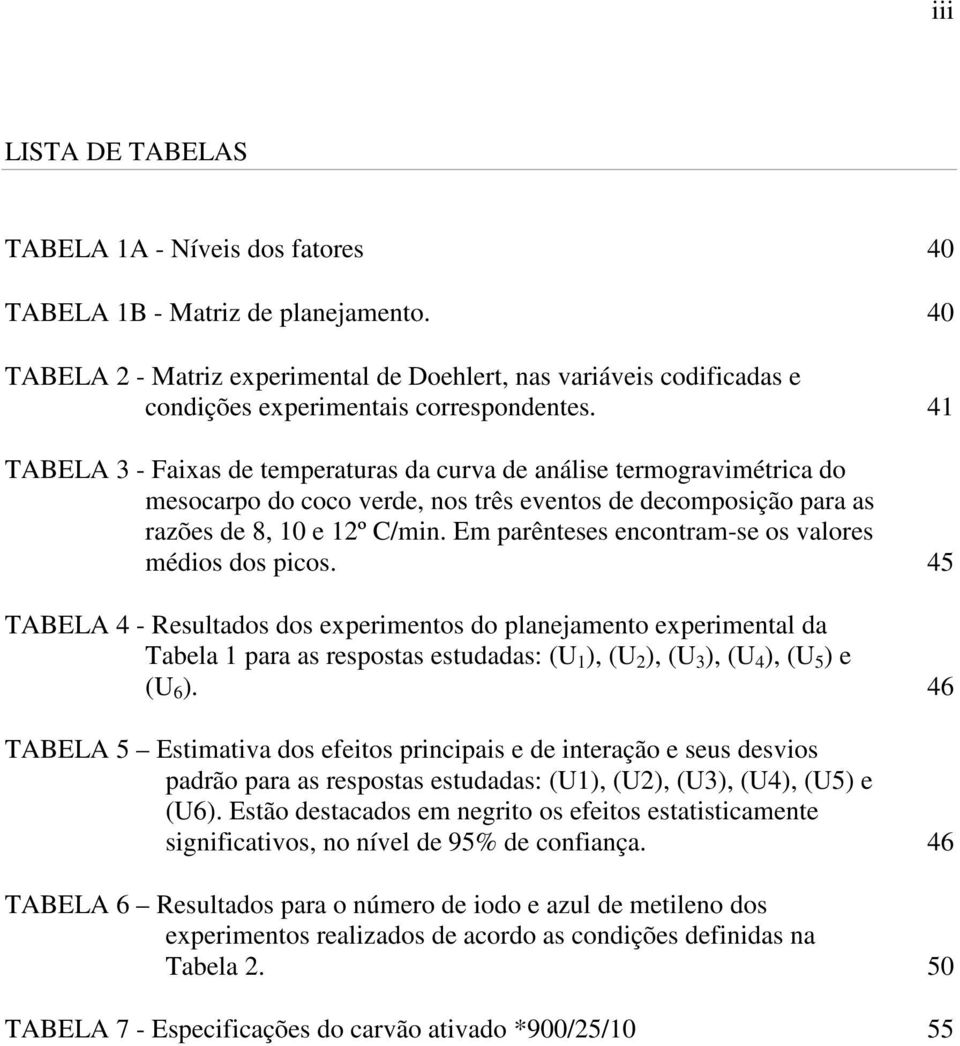 41 TABELA 3 - Faixas de temperaturas da curva de análise termogravimétrica do mesocarpo do coco verde, nos três eventos de decomposição para as razões de 8, 10 e 12º C/min.