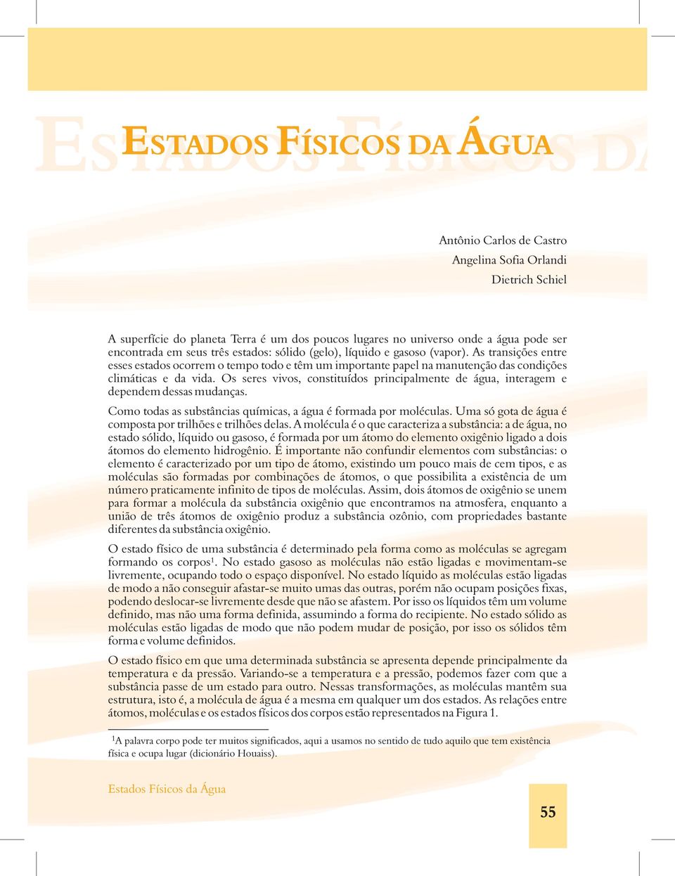 Os seres vivos, constituídos principalmente de água, interagem e dependem dessas mudanças. Como todas as substâncias químicas, a água é formada por moléculas.