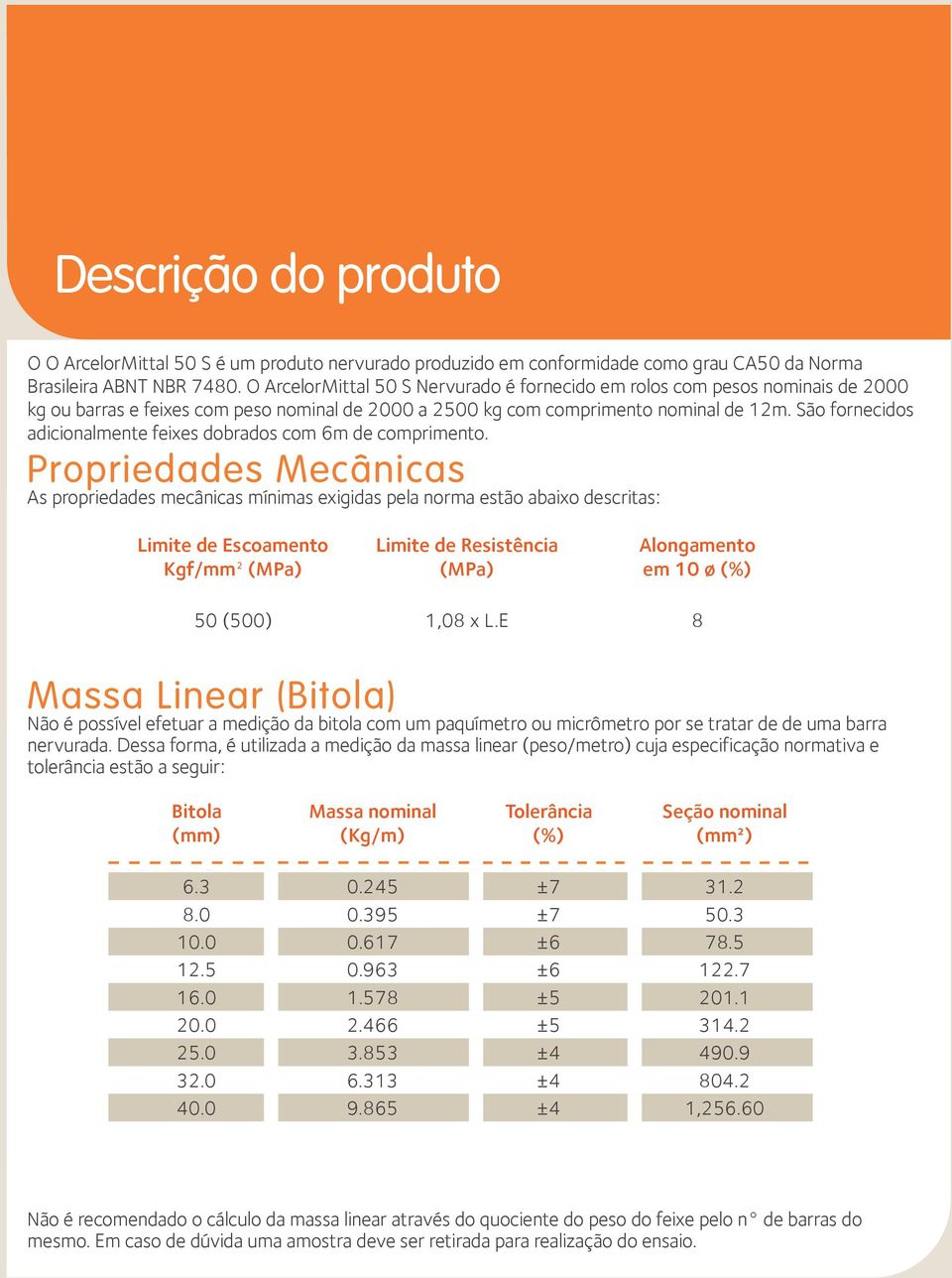 São fornecidos adicionalmente feixes dobrados com 6m de comprimento.