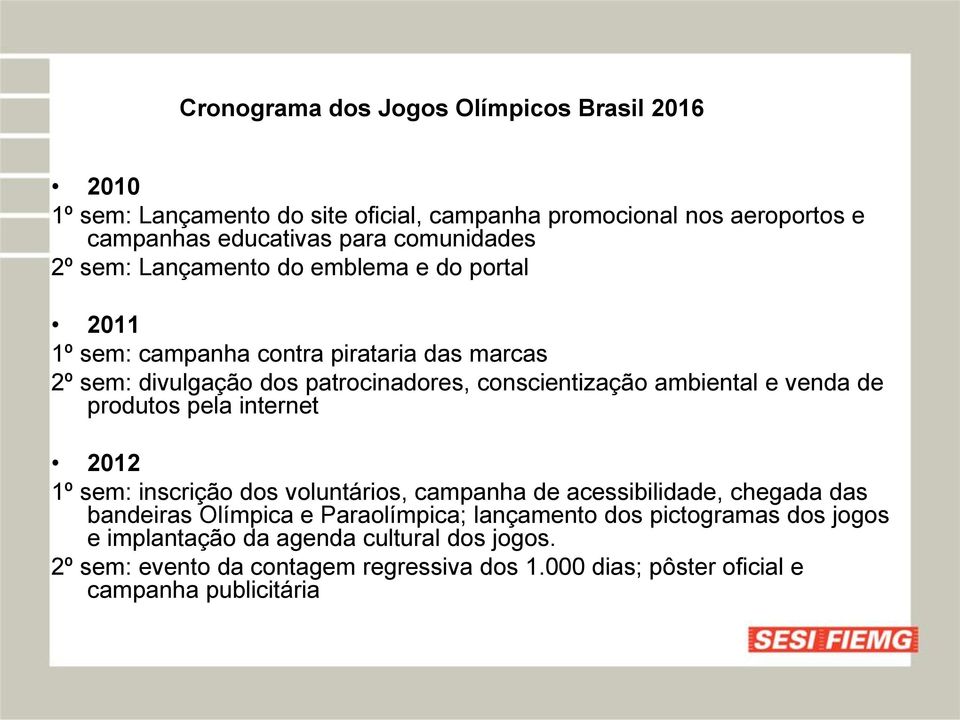 venda de produtos pela internet 2012 1º sem: inscrição dos voluntários, campanha de acessibilidade, chegada das bandeiras Olímpica e Paraolímpica; lançamento