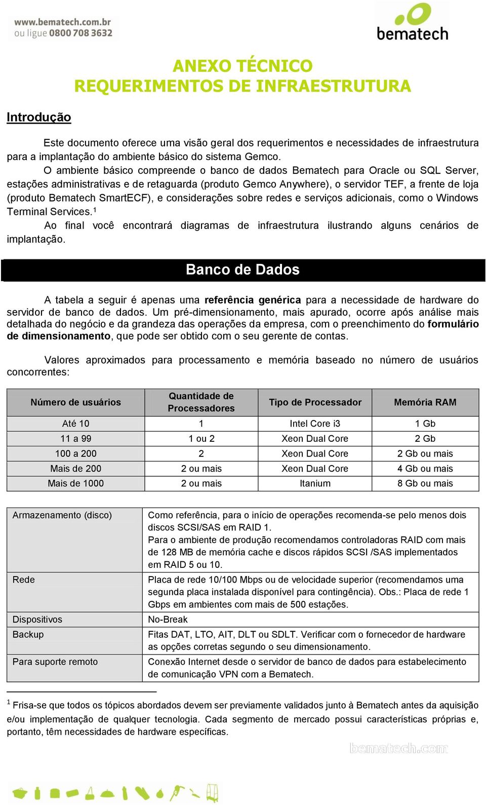 O ambiente básico compreende o banco de dados Bematech para Oracle ou SQL Server, estações administrativas e de retaguarda (produto Gemco Anywhere), o servidor TEF, a frente de loja (produto Bematech