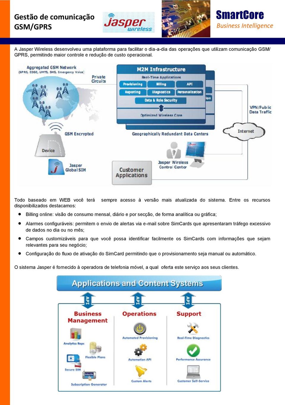 Entre os recursos disponibilizados destacamos: Billing online: visão de consumo mensal, diário e por secção, de forma analítica ou gráfica; Alarmes configuráveis: permitem o envio de alertas via