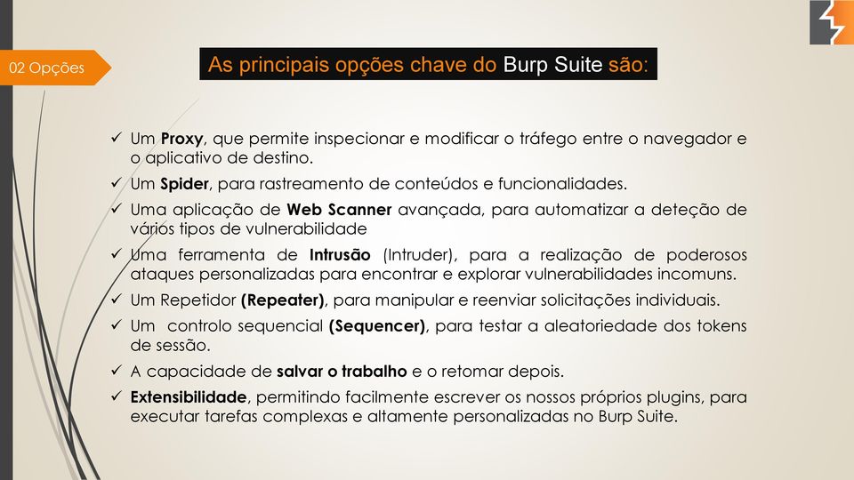 Uma aplicação de Web Scanner avançada, para automatizar a deteção de vários tipos de vulnerabilidade Uma ferramenta de Intrusão (Intruder), para a realização de poderosos ataques personalizadas para