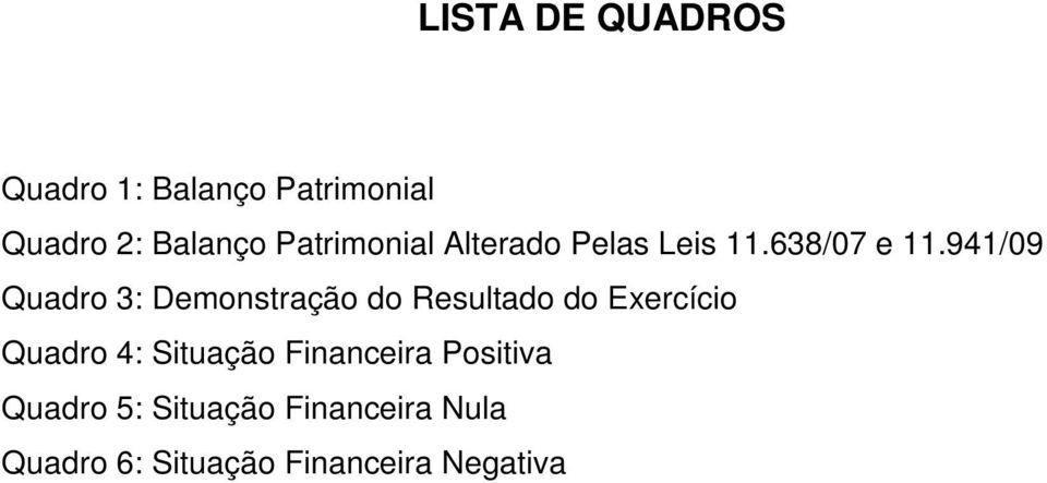 941/09 Quadro 3: Demonstração do Resultado do Exercício Quadro 4: