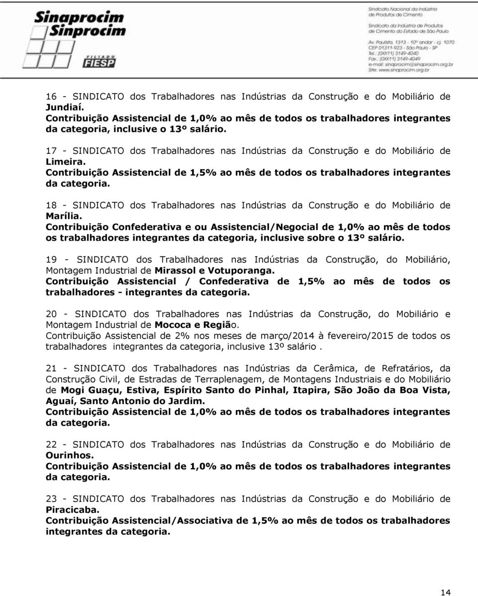 17 - SINDICATO dos Trabalhadores nas Indústrias da Construção e do Mobiliário de Limeira. Contribuição Assistencial de 1,5% ao mês de todos os trabalhadores integrantes da categoria.