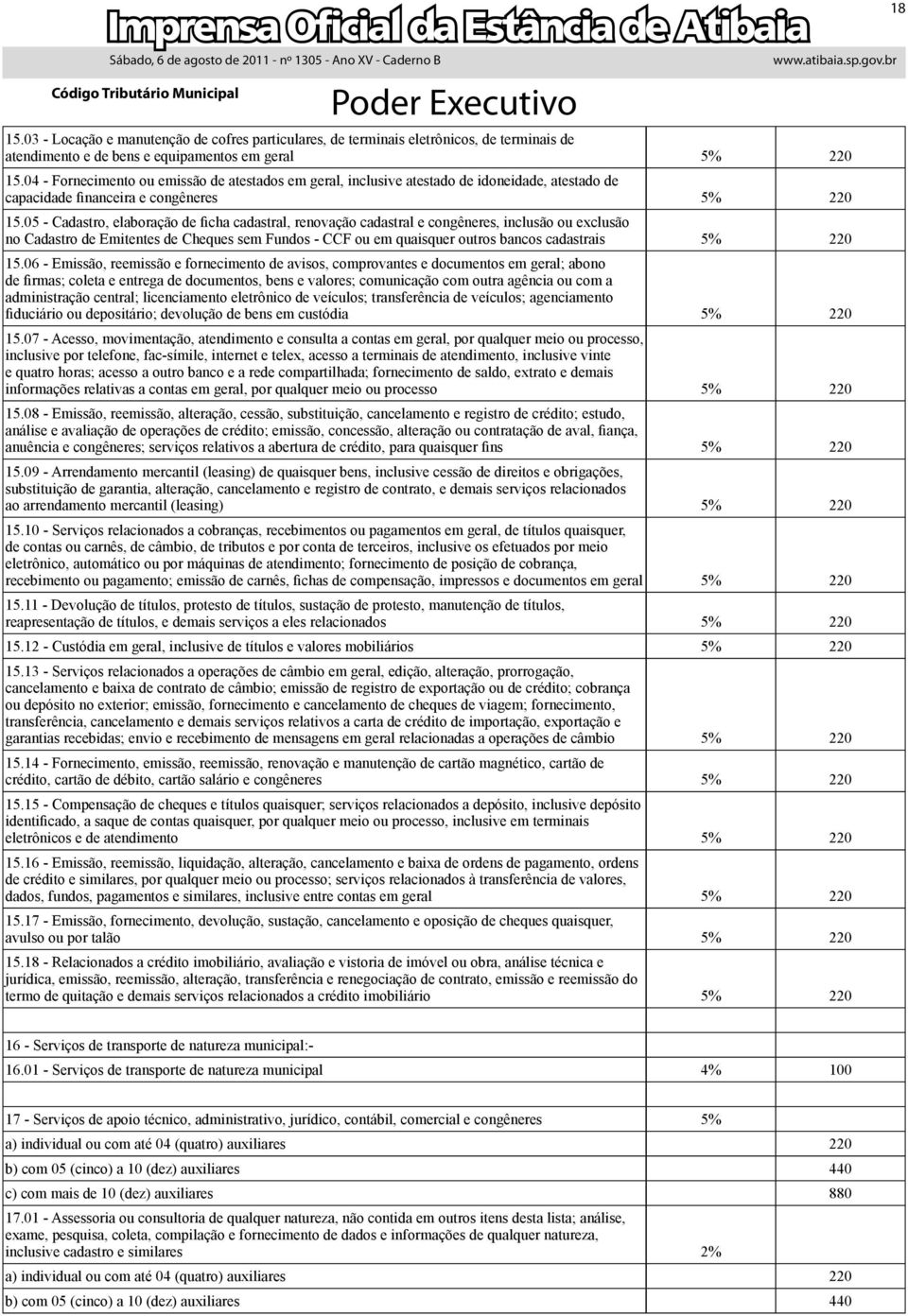 05 - Cadastro, elaboração de ficha cadastral, renovação cadastral e congêneres, inclusão ou exclusão no Cadastro de Emitentes de Cheques sem Fundos - CCF ou em quaisquer outros bancos cadastrais 5%