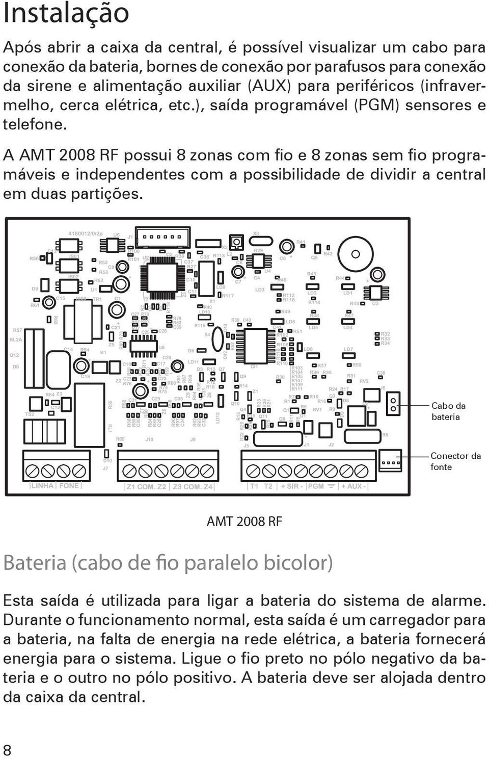 A AMT 2008 RF possui 8 zonas com fio e 8 zonas sem fio programáveis e independentes com a possibilidade de dividir a central em duas partições.