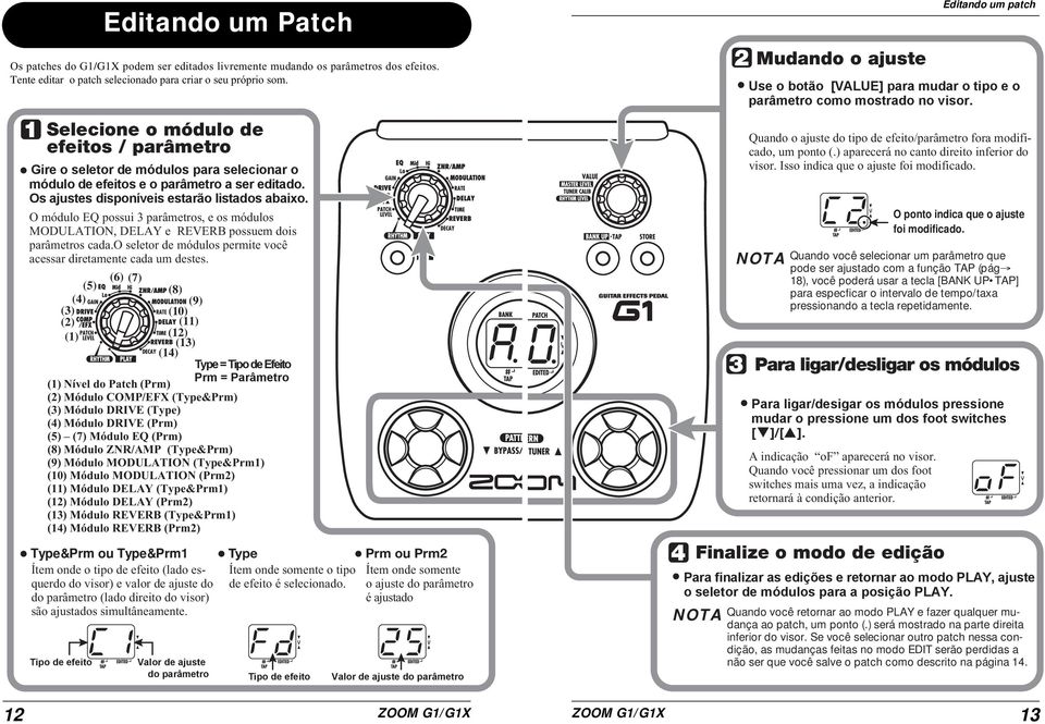 O módulo EQ possui 3 parâmetros, e os módulos MODULATION, DELAY e REVERB possuem dois parâmetros cada.o seletor de módulos permite você acessar diretamente cada um destes.