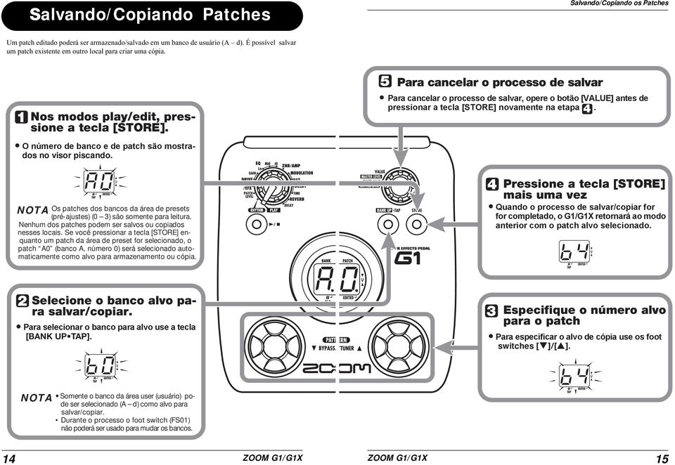 NOTA A 0 Os patches dos bancos da área de presets (pré-ajustes) (0 3) são somente para leitura. Nenhum dos patches podem ser salvos ou copiados nesses locais.