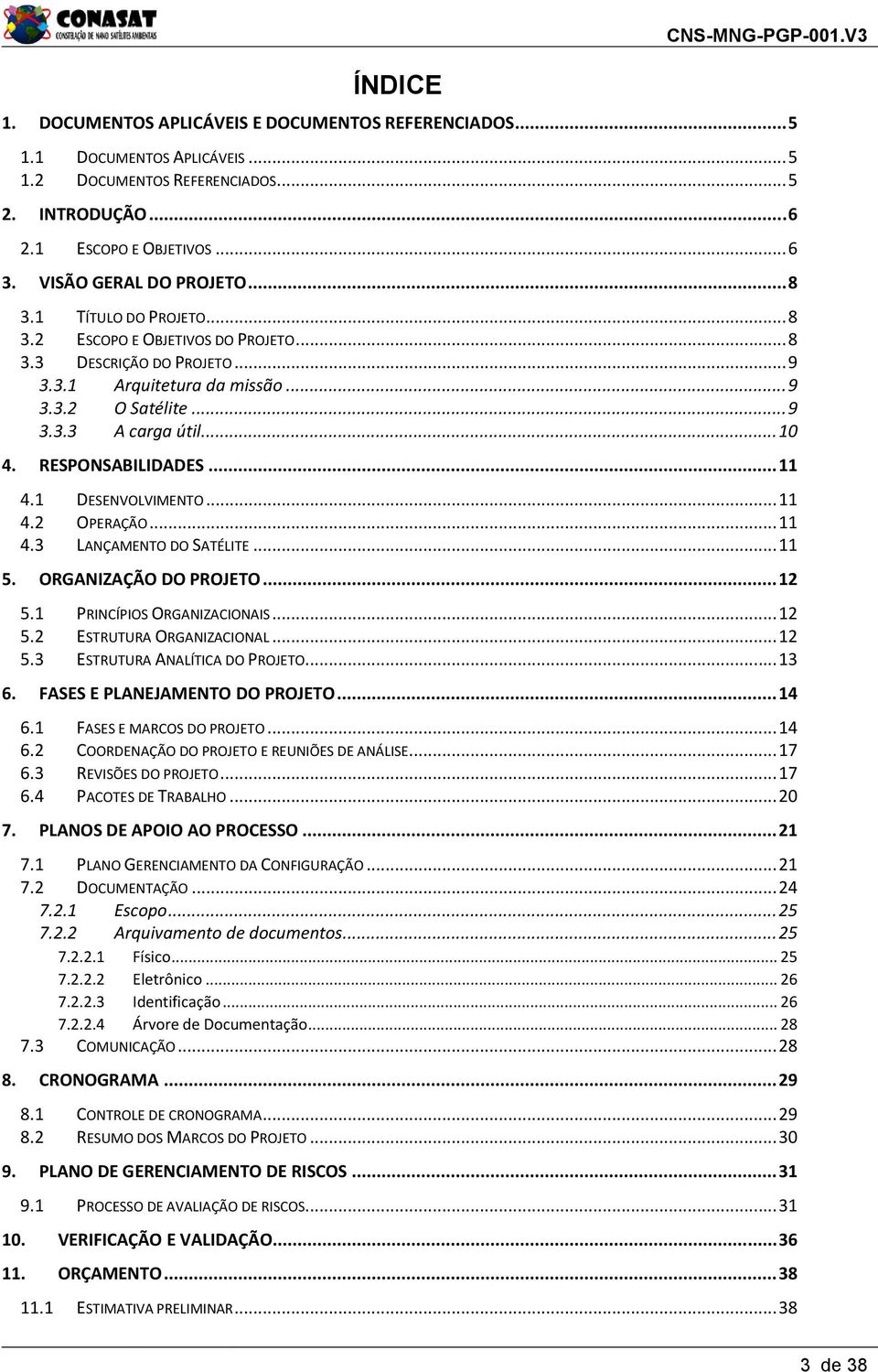 .. 10 4. RESPONSABILIDADES... 11 4.1 DESENVOLVIMENTO... 11 4.2 OPERAÇÃO... 11 4.3 LANÇAMENTO DO SATÉLITE... 11 5. ORGANIZAÇÃO DO PROJETO... 12 5.1 PRINCÍPIOS ORGANIZACIONAIS... 12 5.2 ESTRUTURA ORGANIZACIONAL.