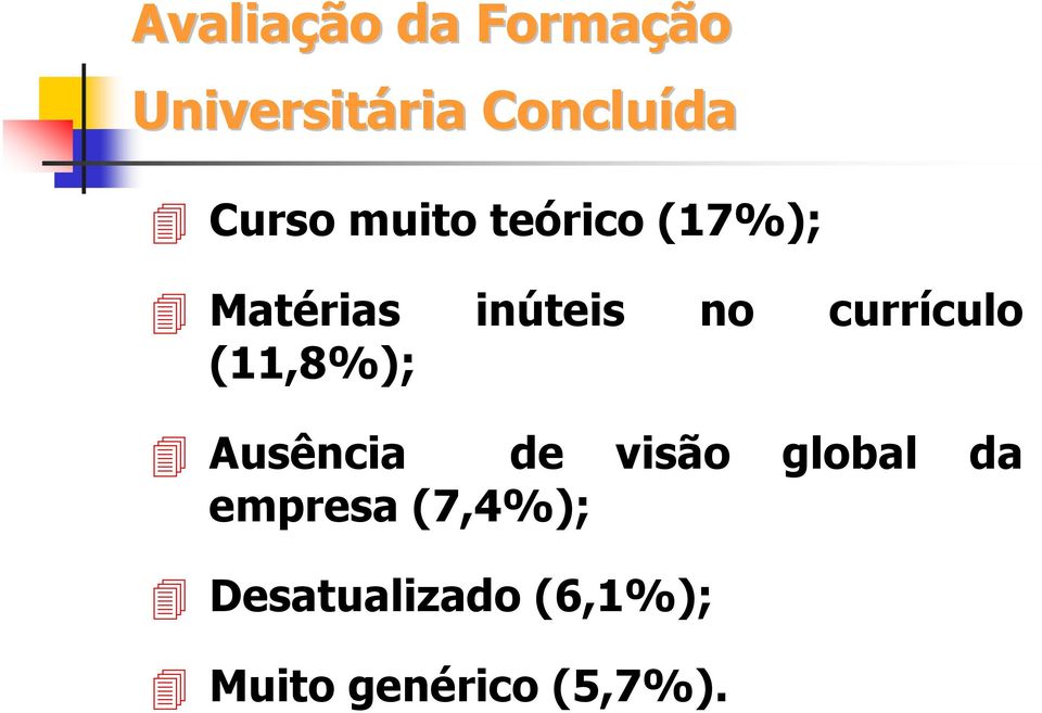 currículo (11,8%); Ausência de visão global da