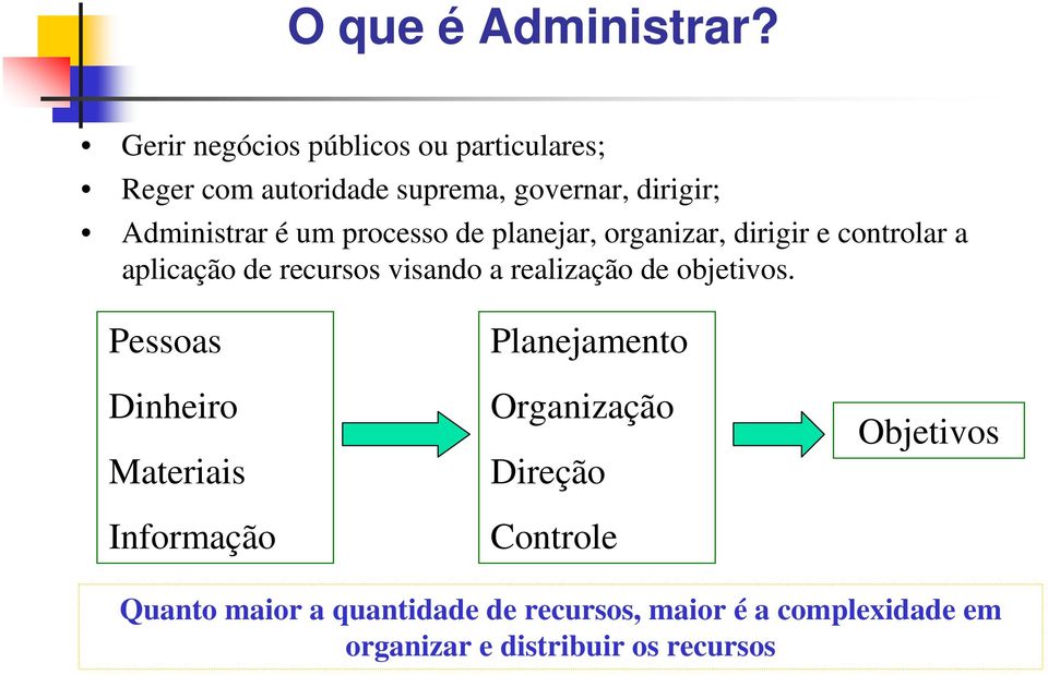 processo de planejar, organizar, dirigir e controlar a aplicação de recursos visando a realização de