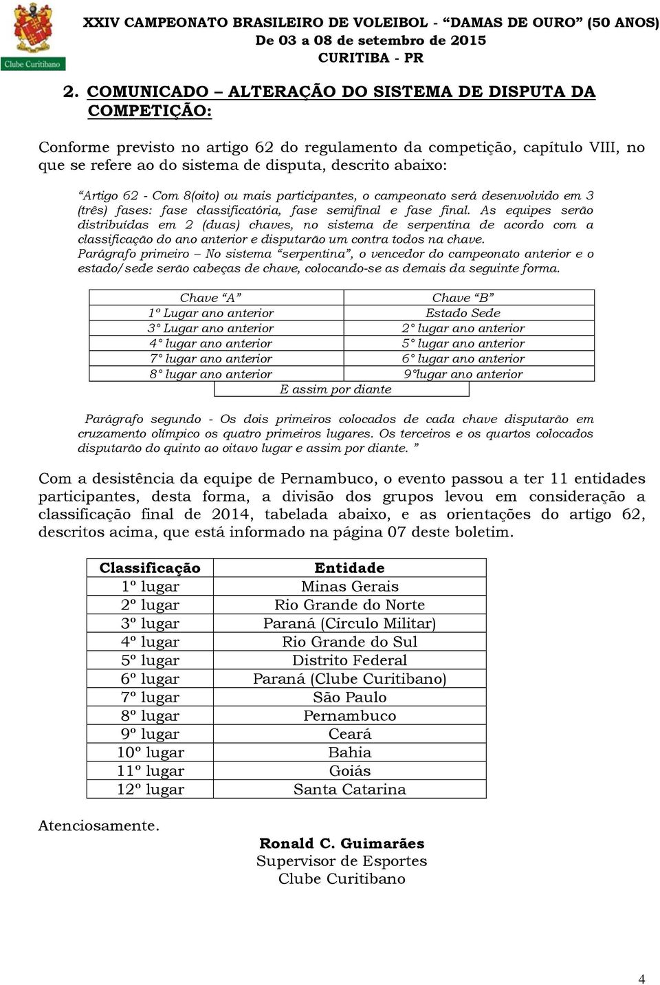 As equipes serão distribuídas em 2 (duas) chaves, no sistema de serpentina de acordo com a classificação do ano anterior e disputarão um contra todos na chave.