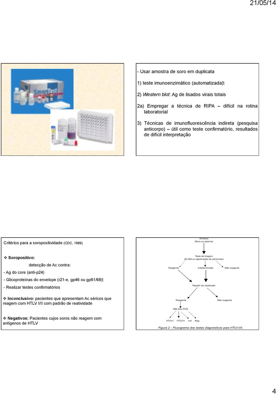 soropositividade (CDC, 1989) " Soropositivo: - Ag do core (anti-p24) detecção de Ac contra: ( gp61/68 - Glicoproteínas do envelope (r21-e, gp46 ou - Realizar testes