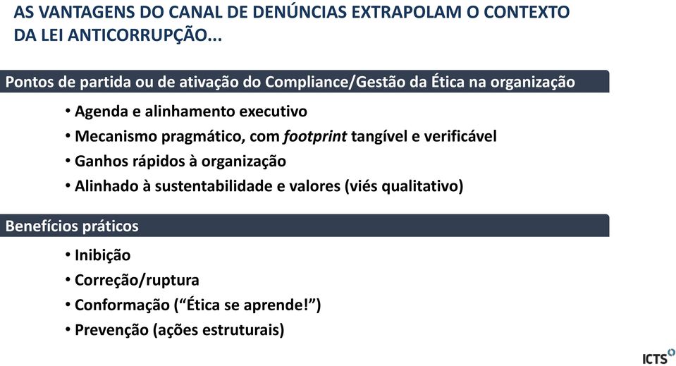 executivo Mecanismo pragmático, com footprint tangível e verificável Ganhos rápidos à organização Alinhado à