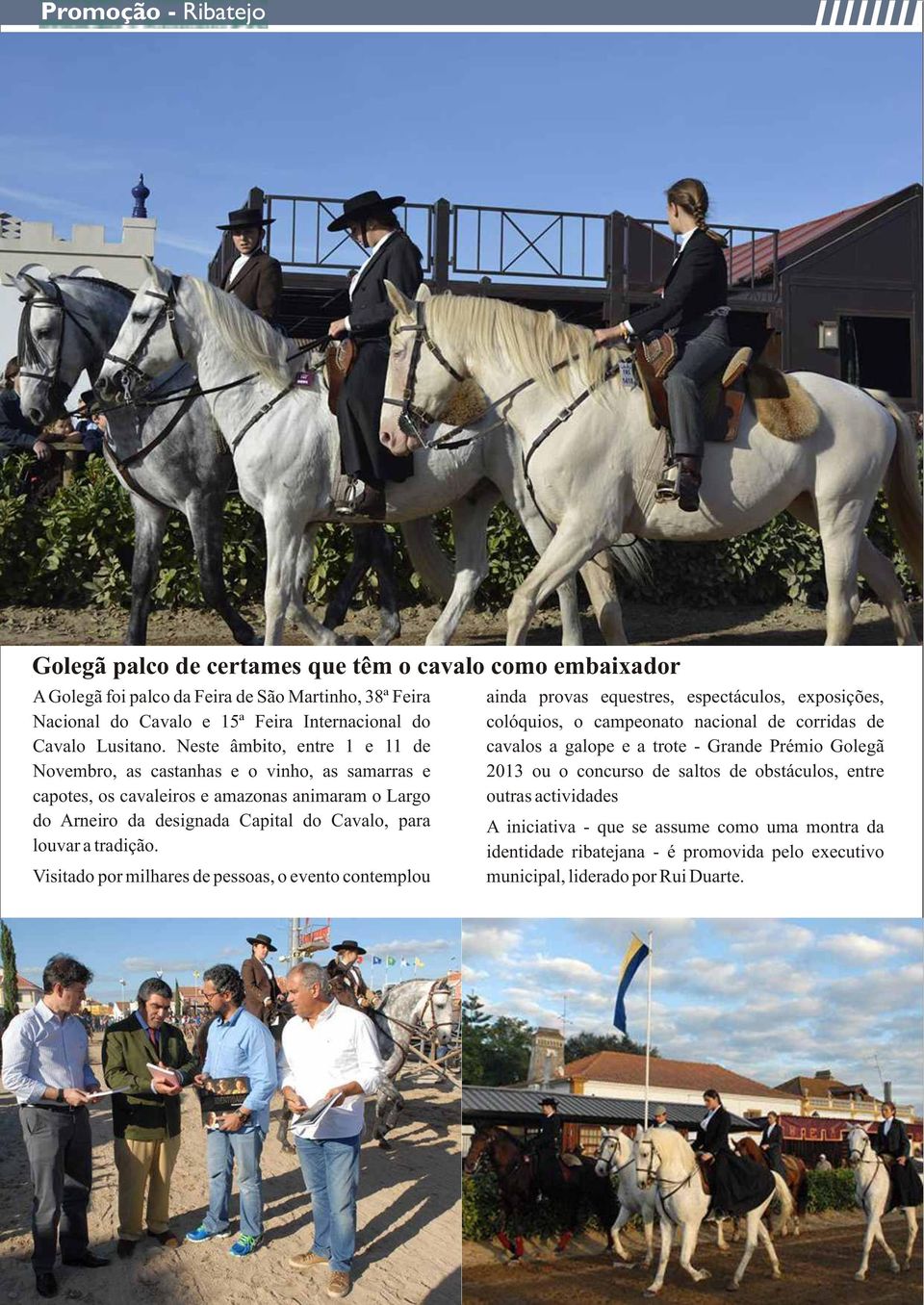 Neste âmbito, entre 1 e 11 de cavalos a galope e a trote - Grande Prémio Golegã Novembro, as castanhas e o vinho, as samarras e 2013 ou o concurso de saltos de obstáculos, entre capotes, os