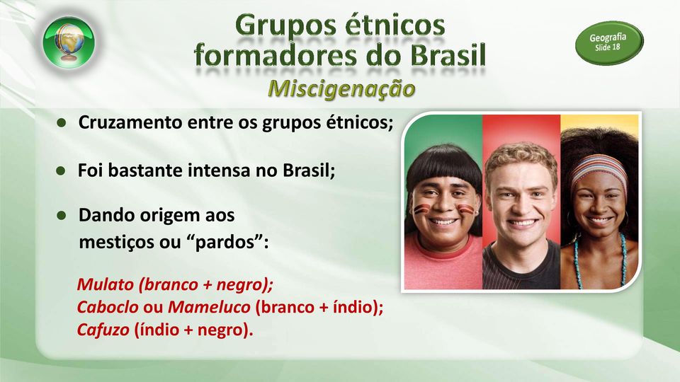 mestiços ou pardos : Mulato (branco + negro);