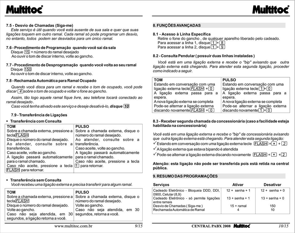 6 - Procedimento de Programação quando você sai da sala Disque 15 + número do ramal desejado Ao ouvir o tom de discar interno, volte ao gancho. 7.