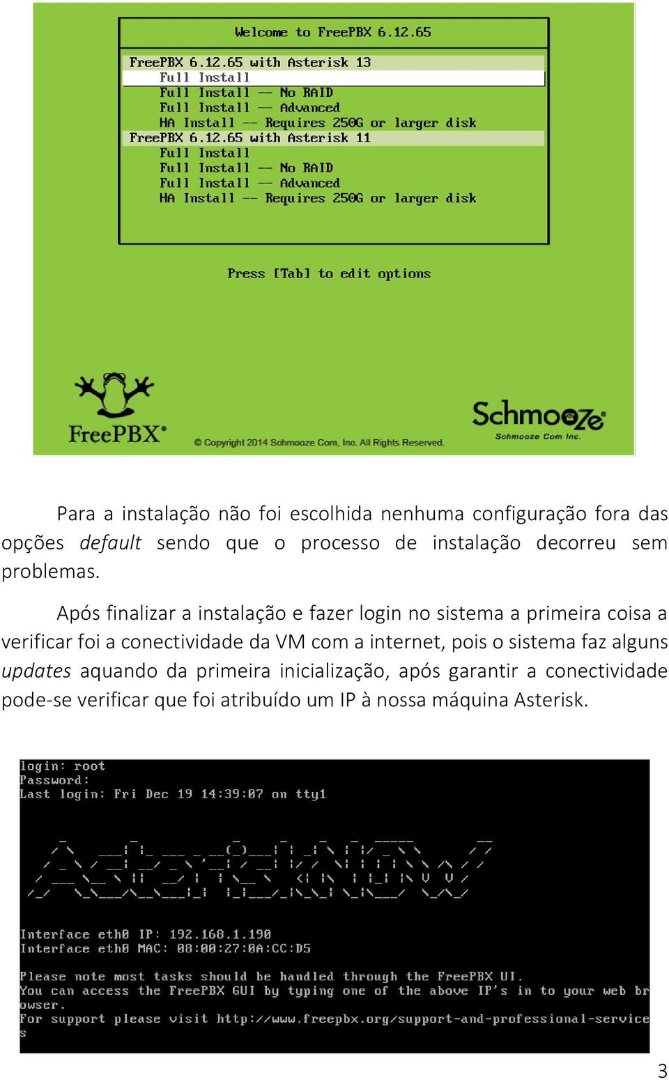 Após finalizar a instalação e fazer login no sistema a primeira coisa a verificar foi a conectividade da VM