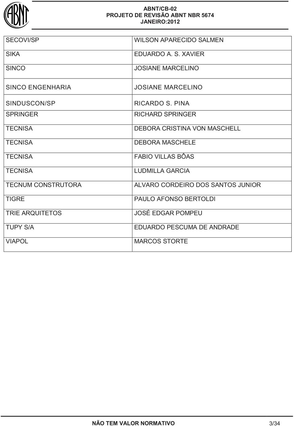 TECNISA TECNISA TECNISA TECNUM CONSTRUTORA TIGRE TRIE ARQUITETOS TUPY S/A VIAPOL JOSIANE MARCELINO RICARDO S.