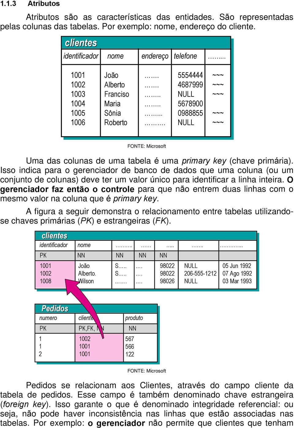 ......... 5554444 4687999 NULL 5678900 0988855 NULL ~~~ ~~~ ~~~ ~~~ ~~~ FONTE: Microsoft Uma das colunas de uma tabela é uma primary key (chave primária).