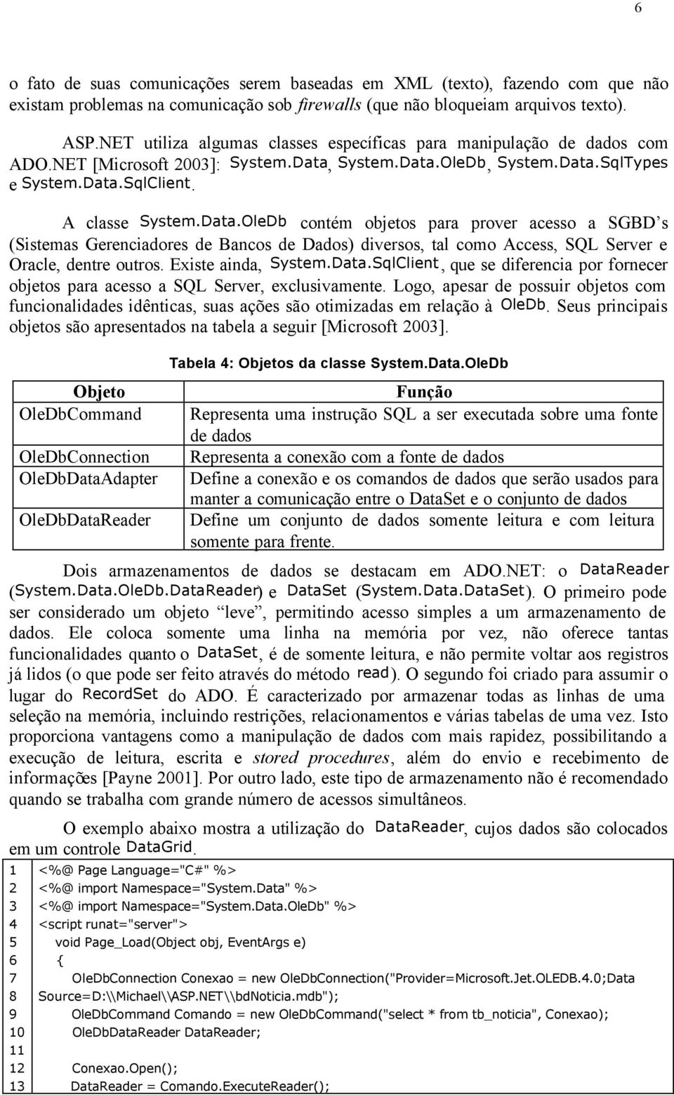 System.Data.OleDb, System.Data.SqlTypes e System.Data.SqlClient. A classe System.Data.OleDb contém objetos para prover acesso a SGBD s (Sistemas Gerenciadores de Bancos de Dados) diversos, tal como Access, SQL Server e Oracle, dentre outros.