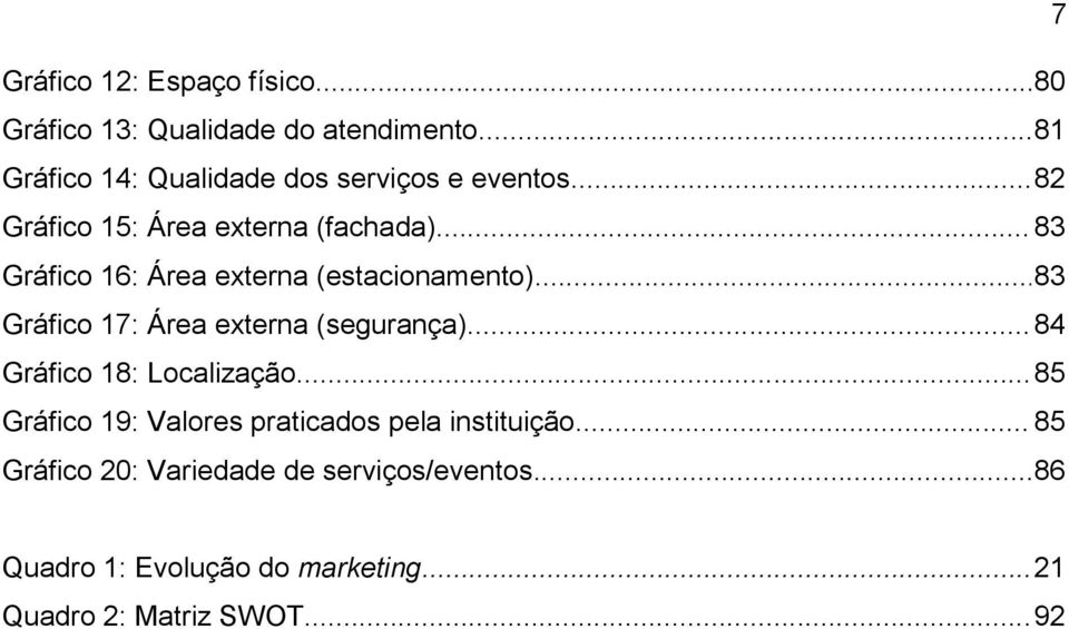 .. 83 Gráfico 16: Área externa (estacionamento)... 83 Gráfico 17: Área externa (segurança).