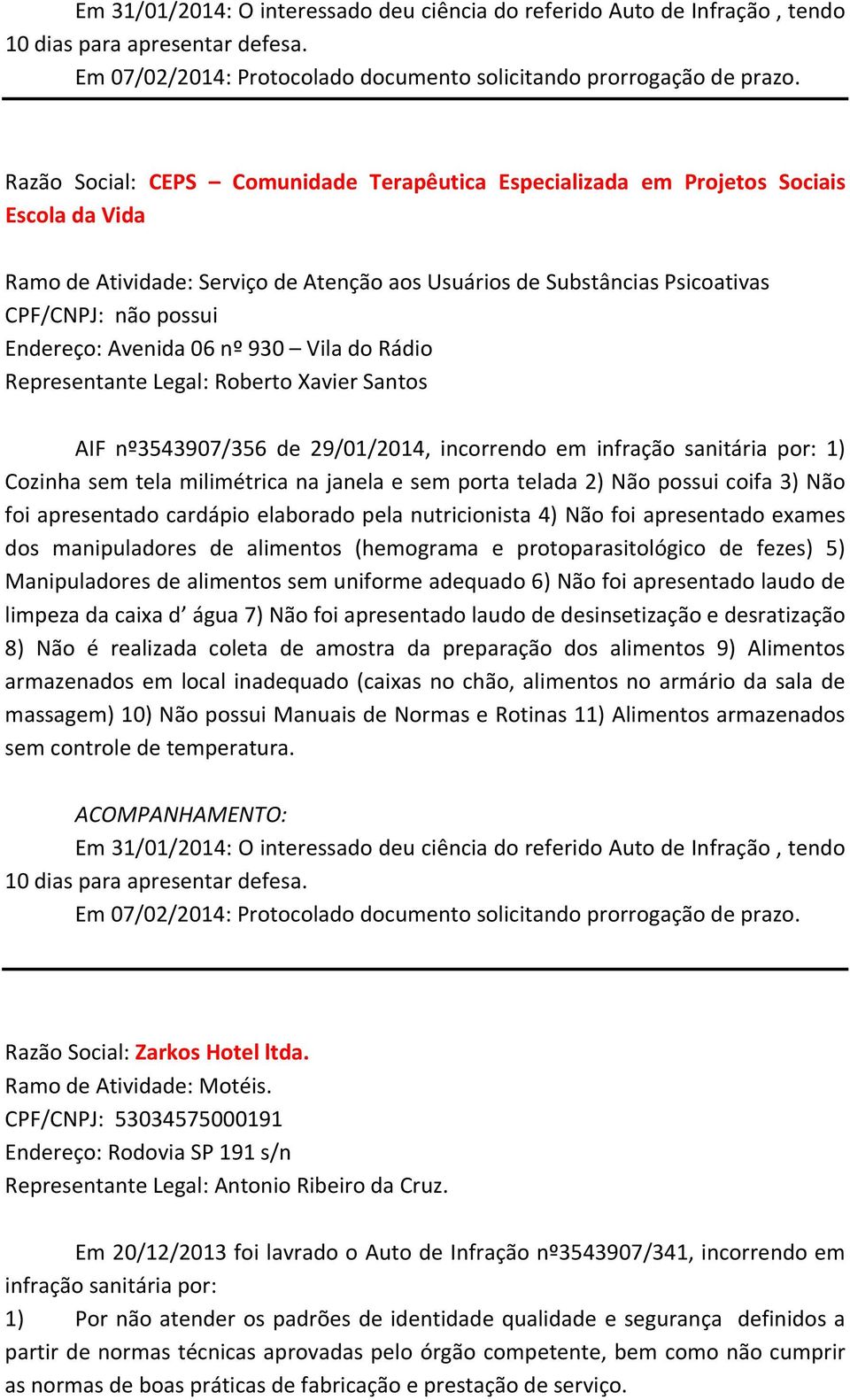 Avenida 06 nº 930 Vila do Rádio Representante Legal: Roberto Xavier Santos AIF nº3543907/356 de 29/01/2014, incorrendo em infração sanitária por: 1) Cozinha sem tela milimétrica na janela e sem porta