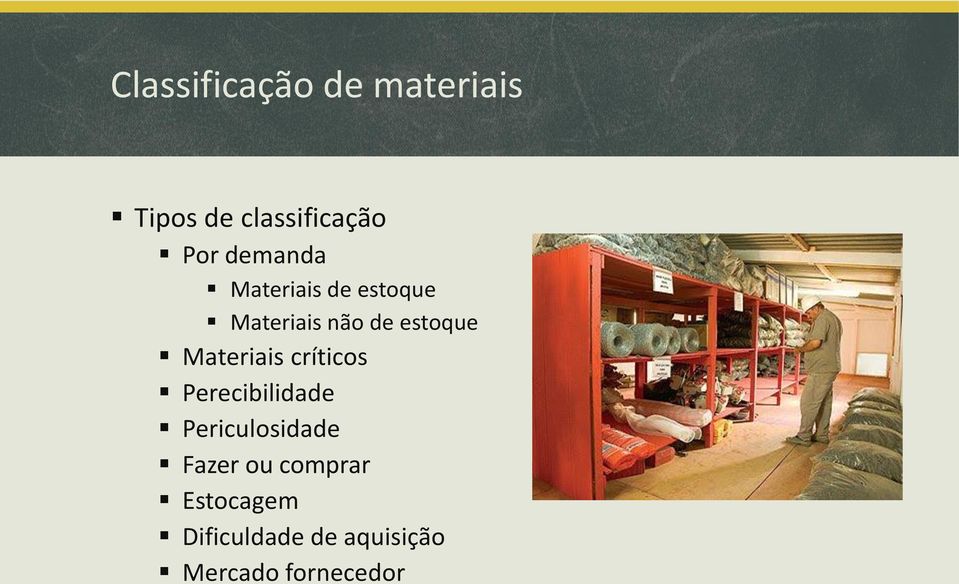 Materiais críticos Perecibilidade Periculosidade Fazer