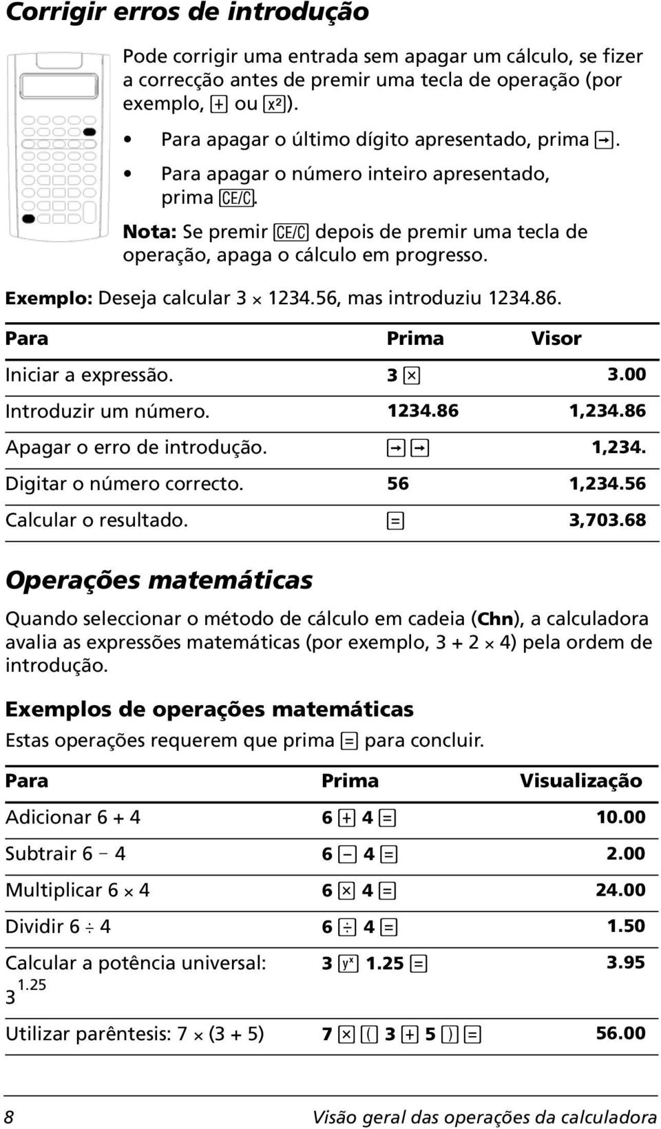 Exemplo: Deseja calcular 3 Q 1234.56, mas introduziu 1234.86. Para Prima Visor Iniciar a expressão. 3 < 3.00 Introduzir um número. 1234.86 1,234.86 Apagar o erro de introdução. * * 1,234.